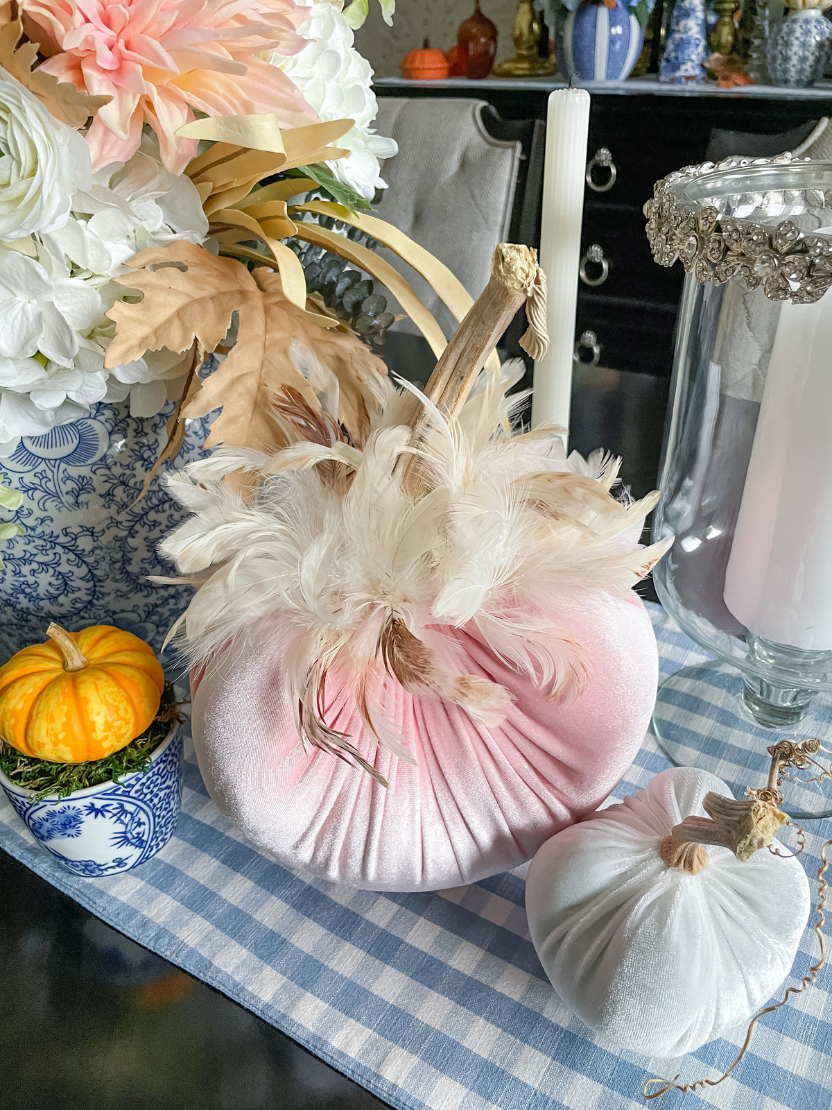 Velvet Pumpkin in Blush with Cream Feathers