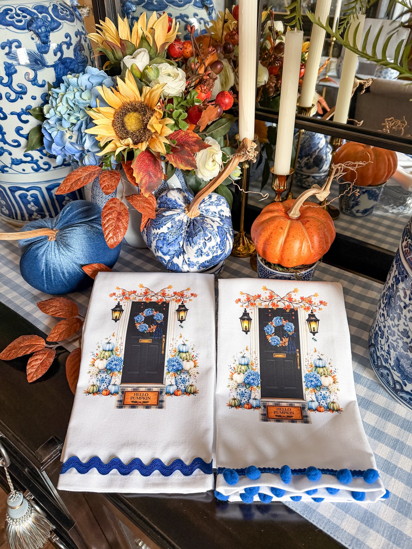Blue Chinoiserie Fall Front Door Kitchen Towel | Plain, Ric Rac & Pom Pom Trim