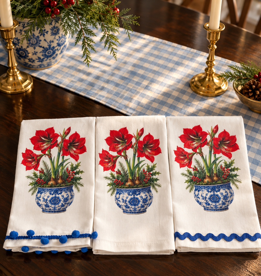 Red Amaryllis Chinoiserie Christmas Kitchen Towel | Plain, Ric Rac & Pom Pom Trim