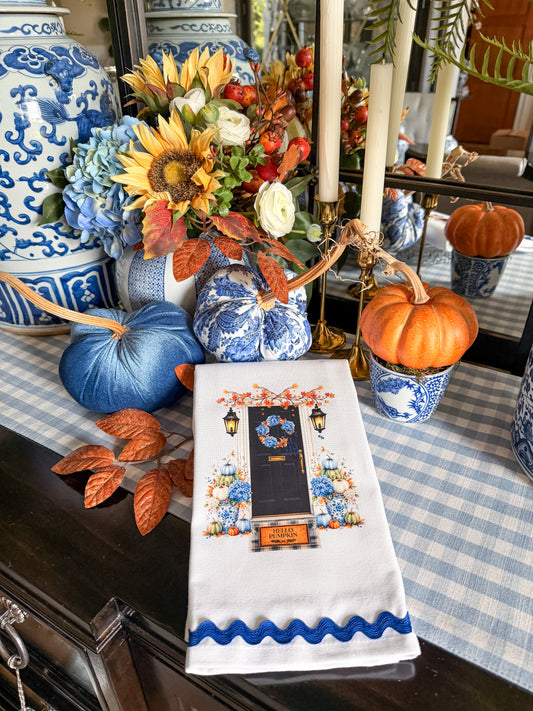 Blue Chinoiserie Fall Front Door Kitchen Towel | Plain, Ric Rac & Pom Pom Trim
