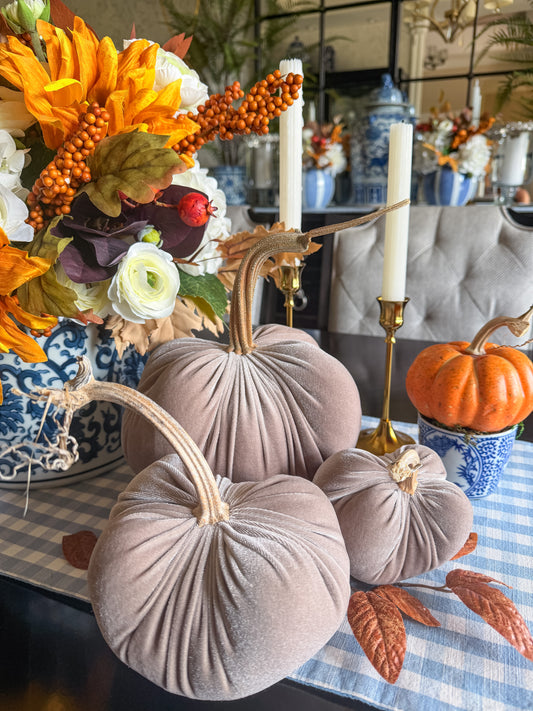 Driftwood Velvet Pumpkins with Real Stem, Fall Decor