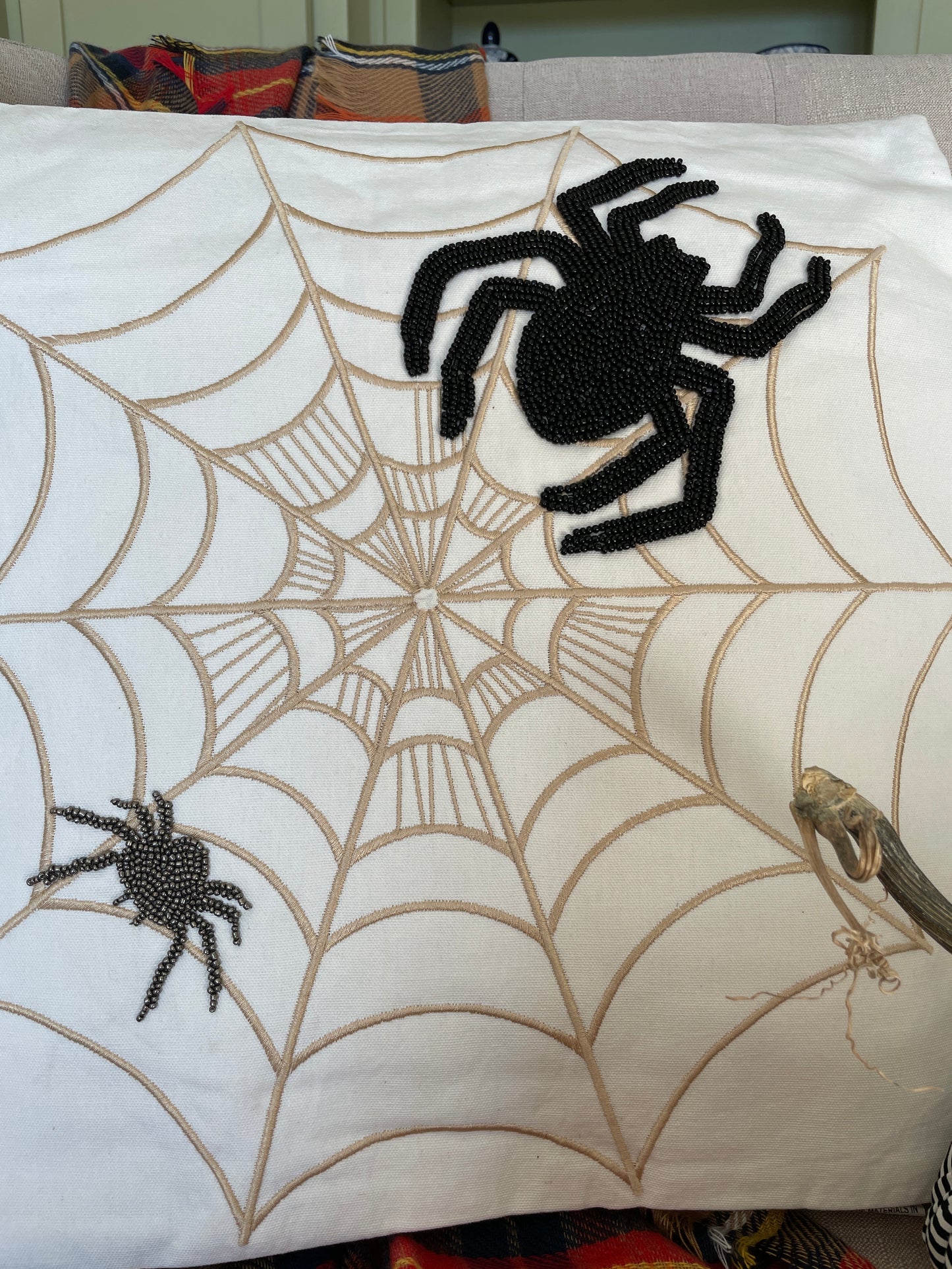 White Halloween Pillow With Beaded Spiders