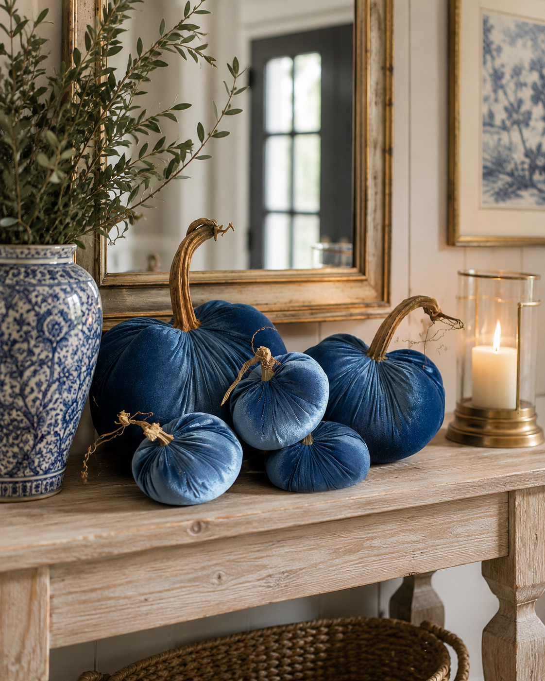 Ocean Blue Velvet Pumpkins with Real Stems, Fall Decor