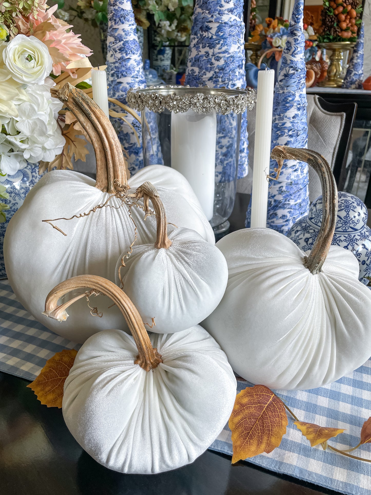 Velvet Pumpkin in Cream with Real Stem, Fall Decor,Sold Individually