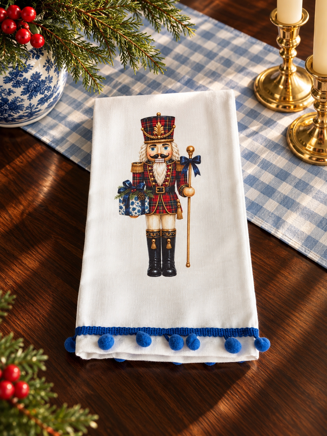 Tartan Nutcracker Christmas Kitchen Towel | Plain, Ric Rac & Pom Pom Trim
