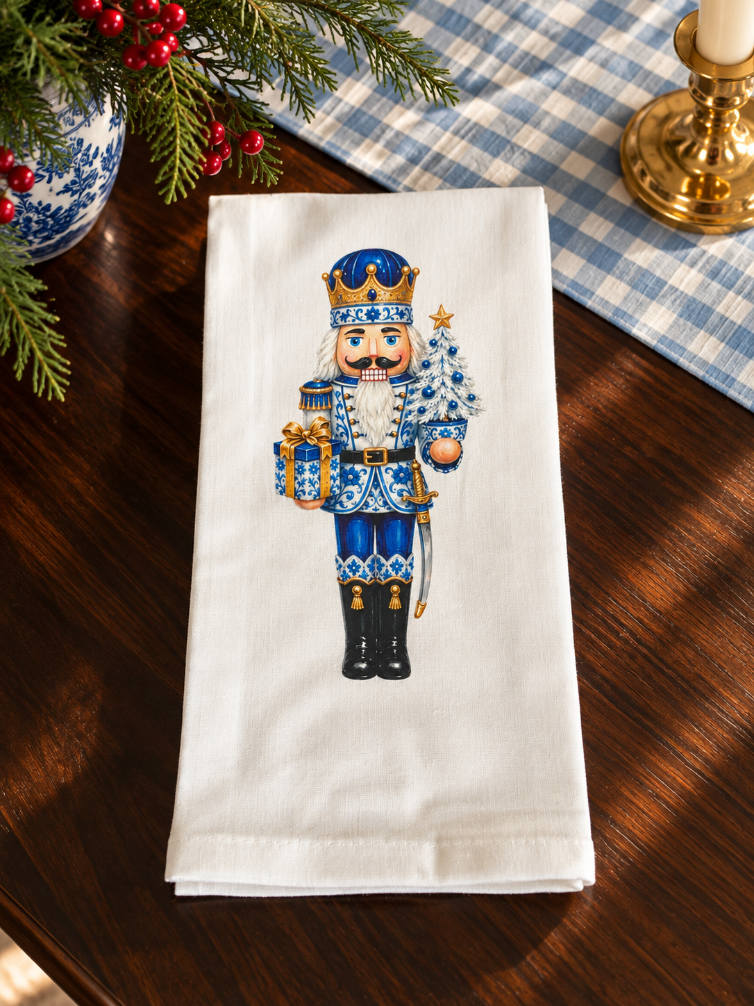 Blue Chinoiserie Nutcracker Christmas Kitchen Towel | Plain, Ric Rac & Pom Pom Trim