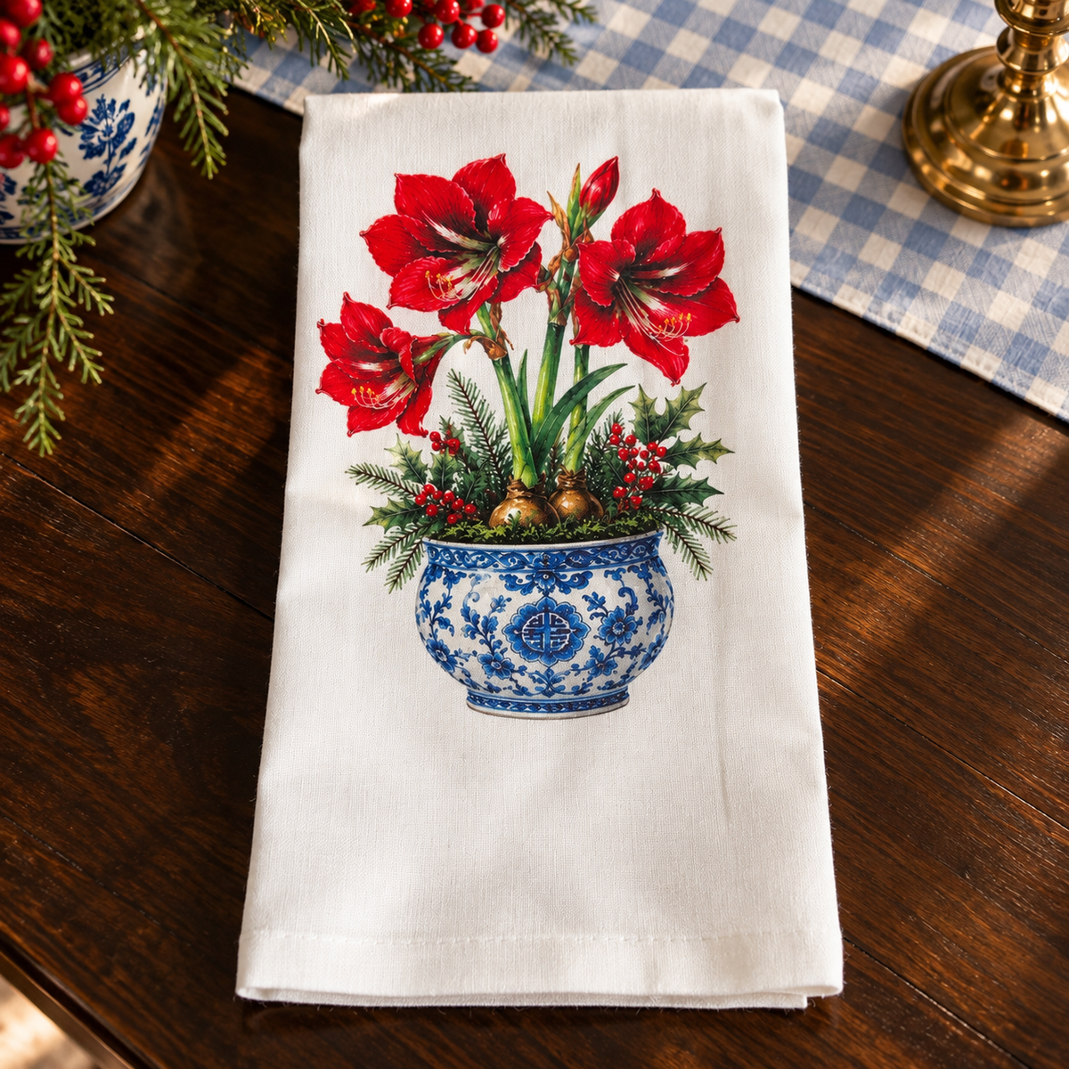 Red amaryllis chinoiserie Christmas kitchen towel with blue pom pom trim