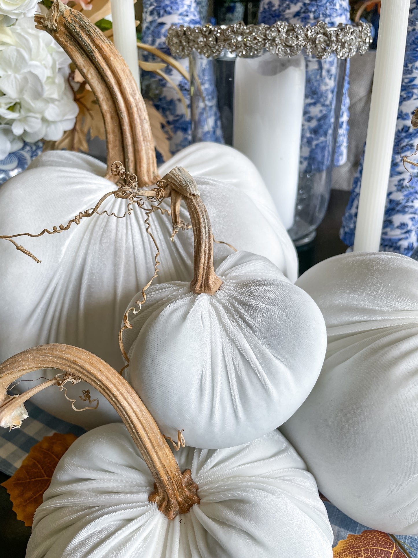 Velvet Pumpkin in Cream with Real Stem, Fall Decor,Sold Individually