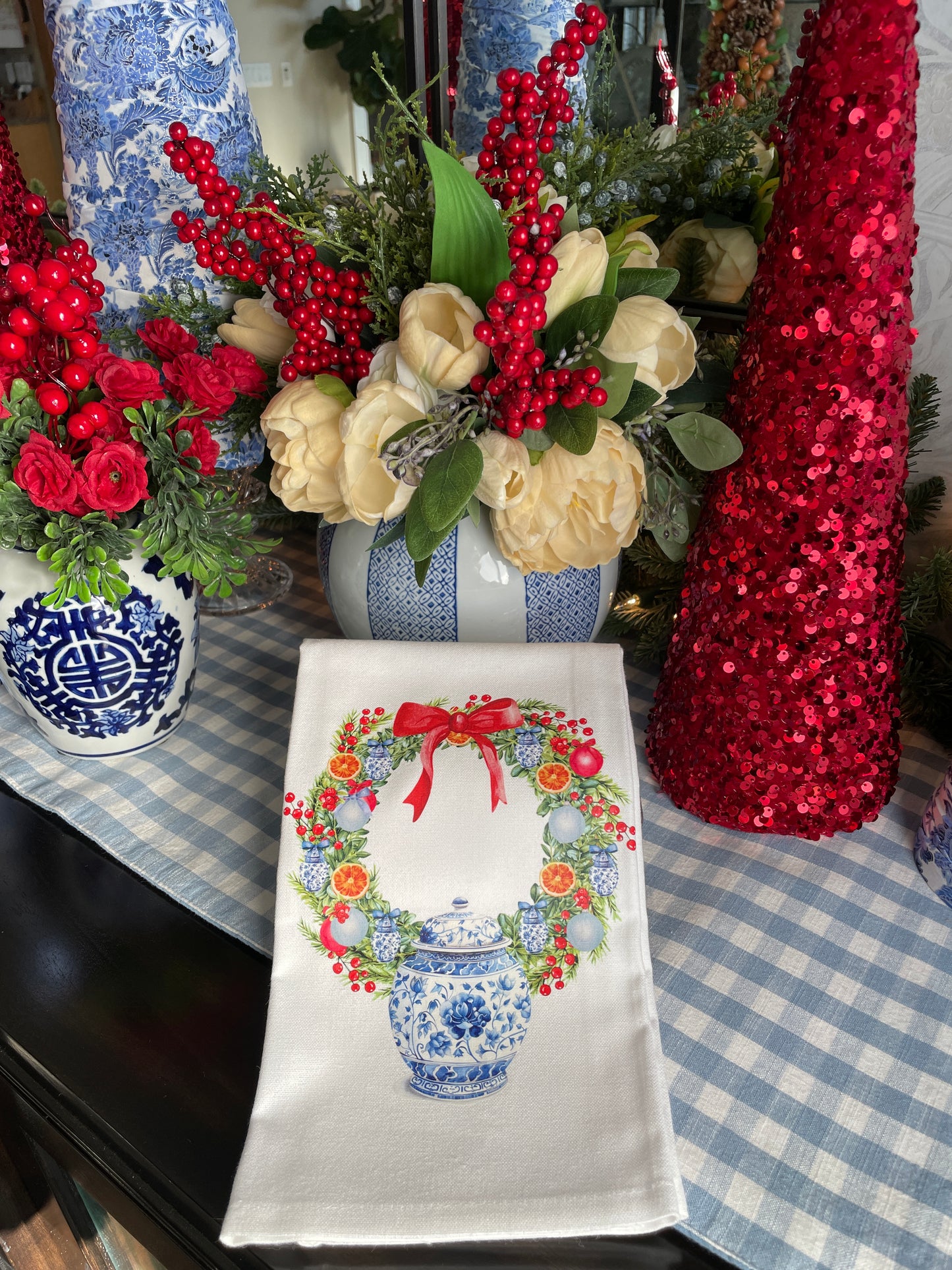 Chinoiserie Christmas Wreath Kitchen Towel