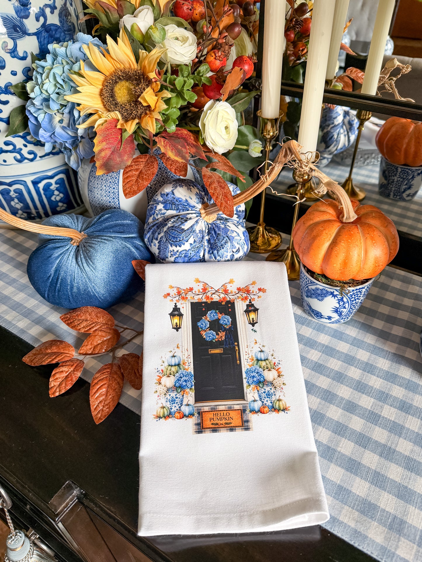 Blue Chinoiserie Fall Front Door Kitchen Towel | Plain, Ric Rac & Pom Pom Trim