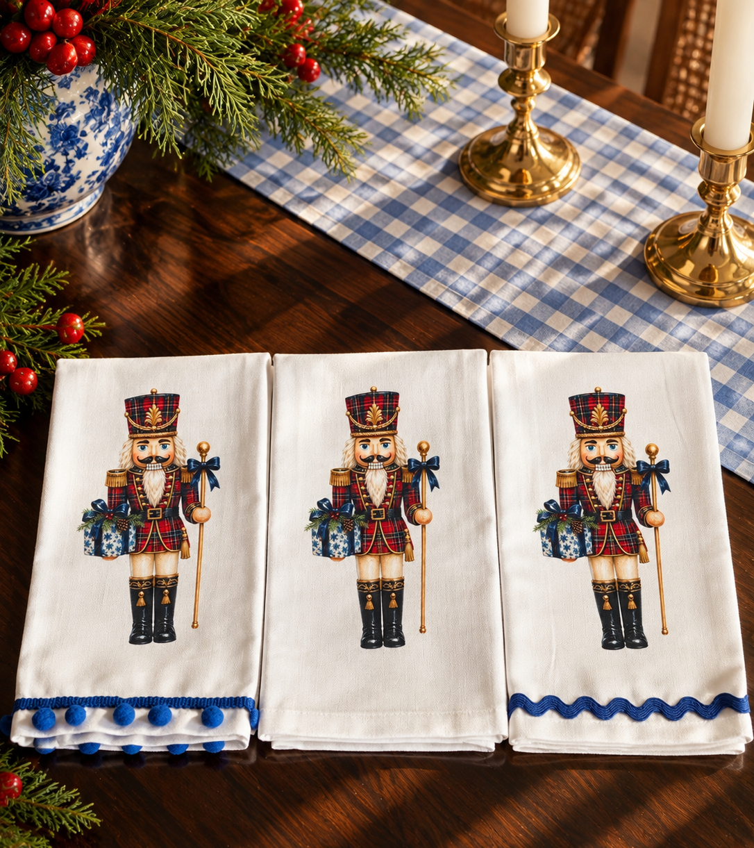 Tartan Nutcracker Christmas Kitchen Towel | Plain, Ric Rac & Pom Pom Trim