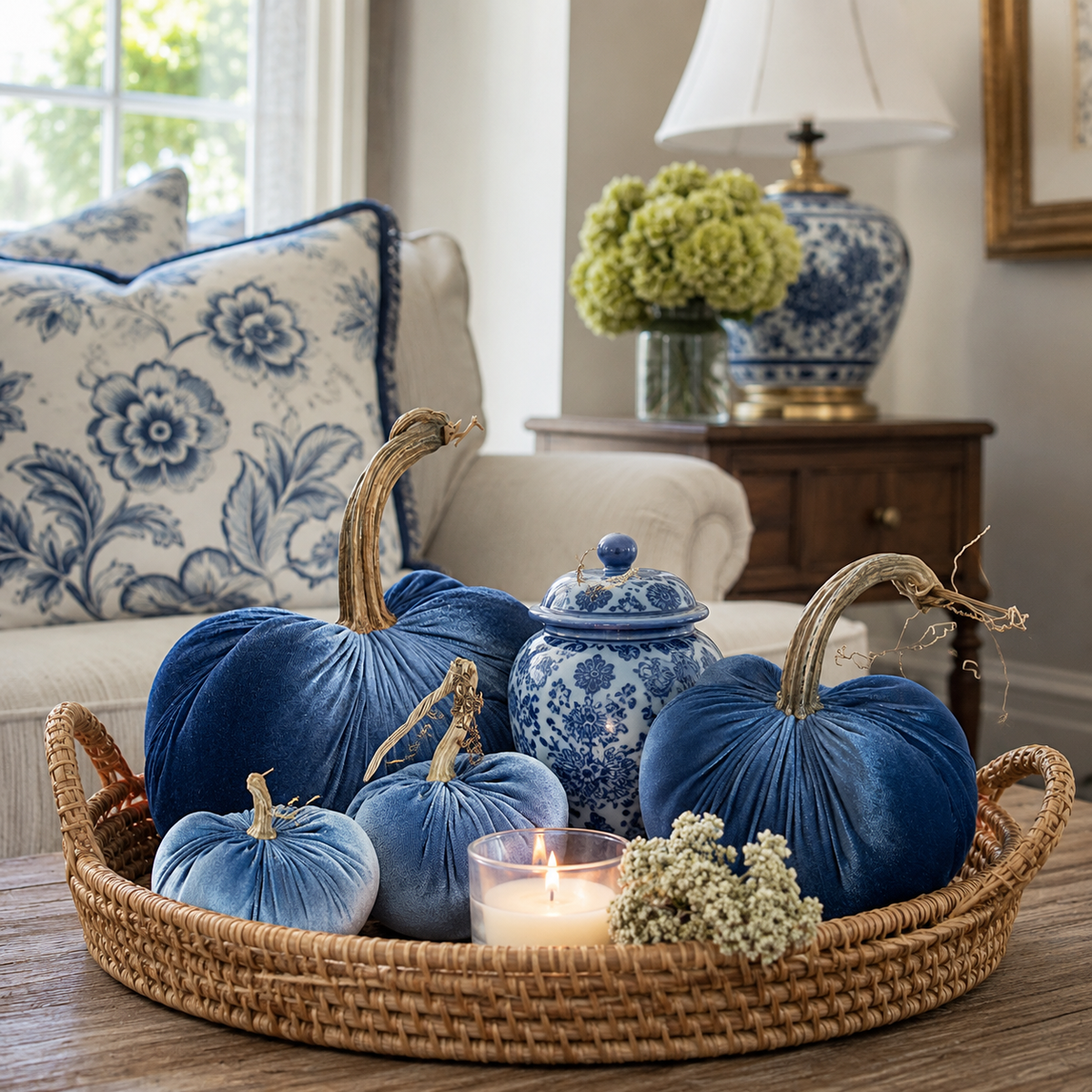 Ocean Blue Velvet Pumpkins with Real Stems, Fall Decor