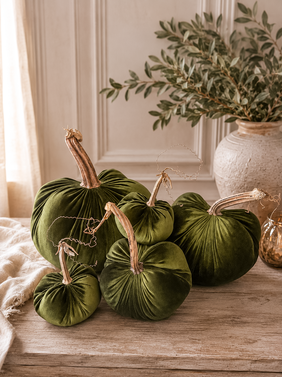 Velvet Pumpkin in Sage Green with a Real Stem, Fall Decor