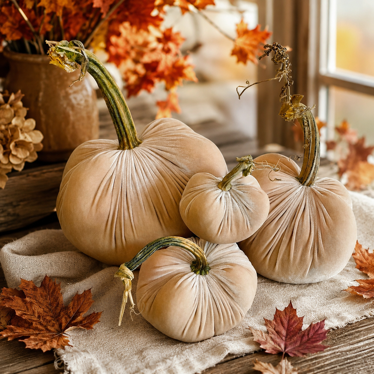 Bisque Velvet Pumpkins with Real Stem, Fall Decor,Sold Individually