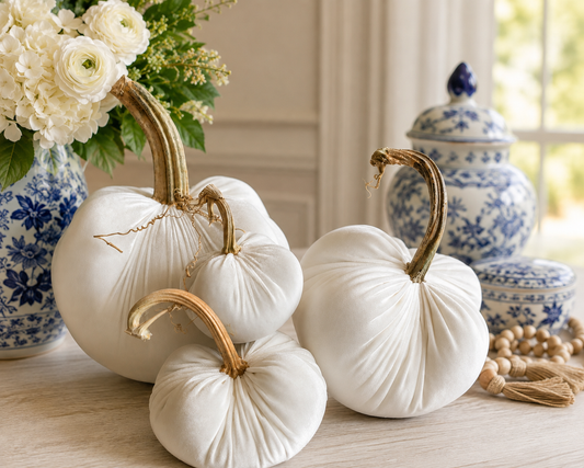 Velvet Pumpkin in Cream with Real Stem, Fall Decor