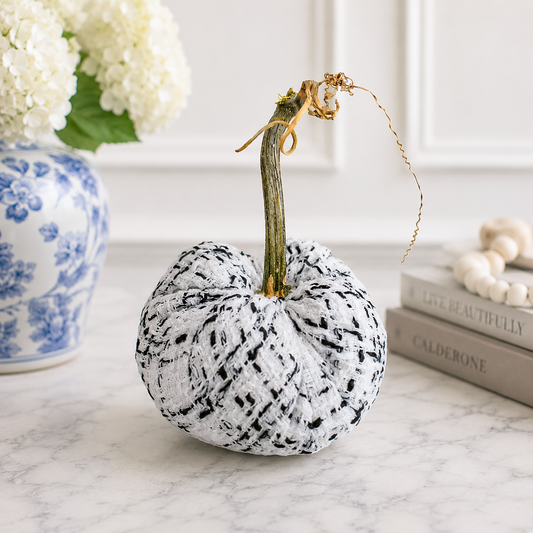 Handmade White with Black Accent Tweed Pumpkin with Real Stem, Sophisticated  Fall Decor