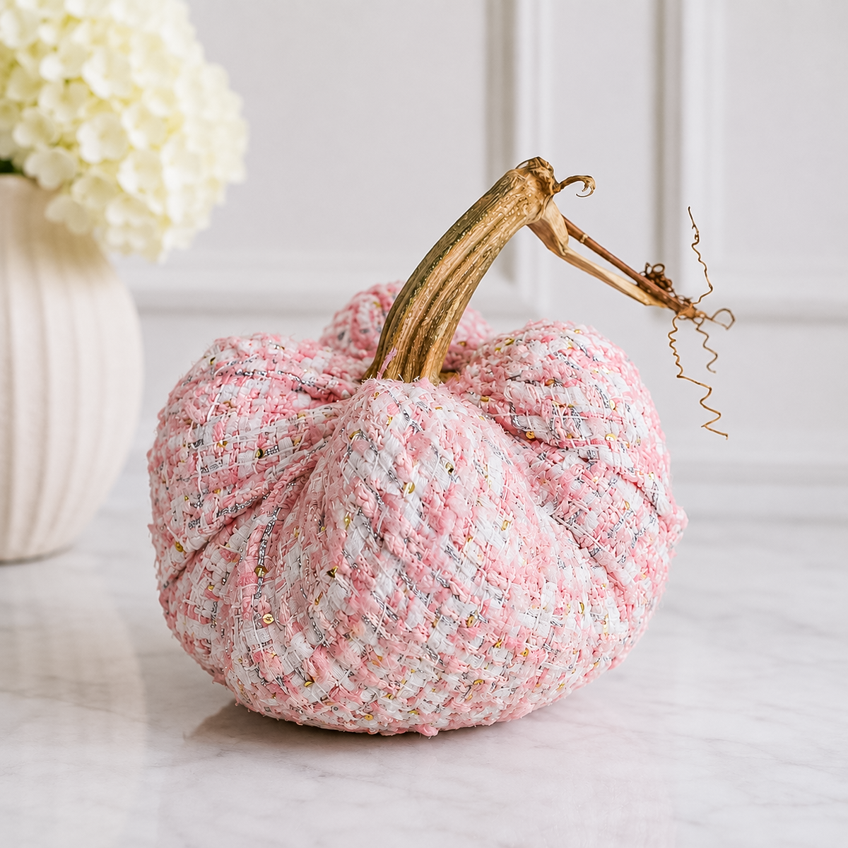 Handmade Pink & White Tweed Pumpkin with Real Stem, Elegant Fall Decor