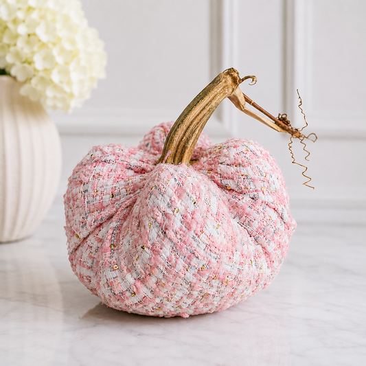 Handmade Pink & White Tweed Pumpkin with Real Stem, Elegant Fall Decor