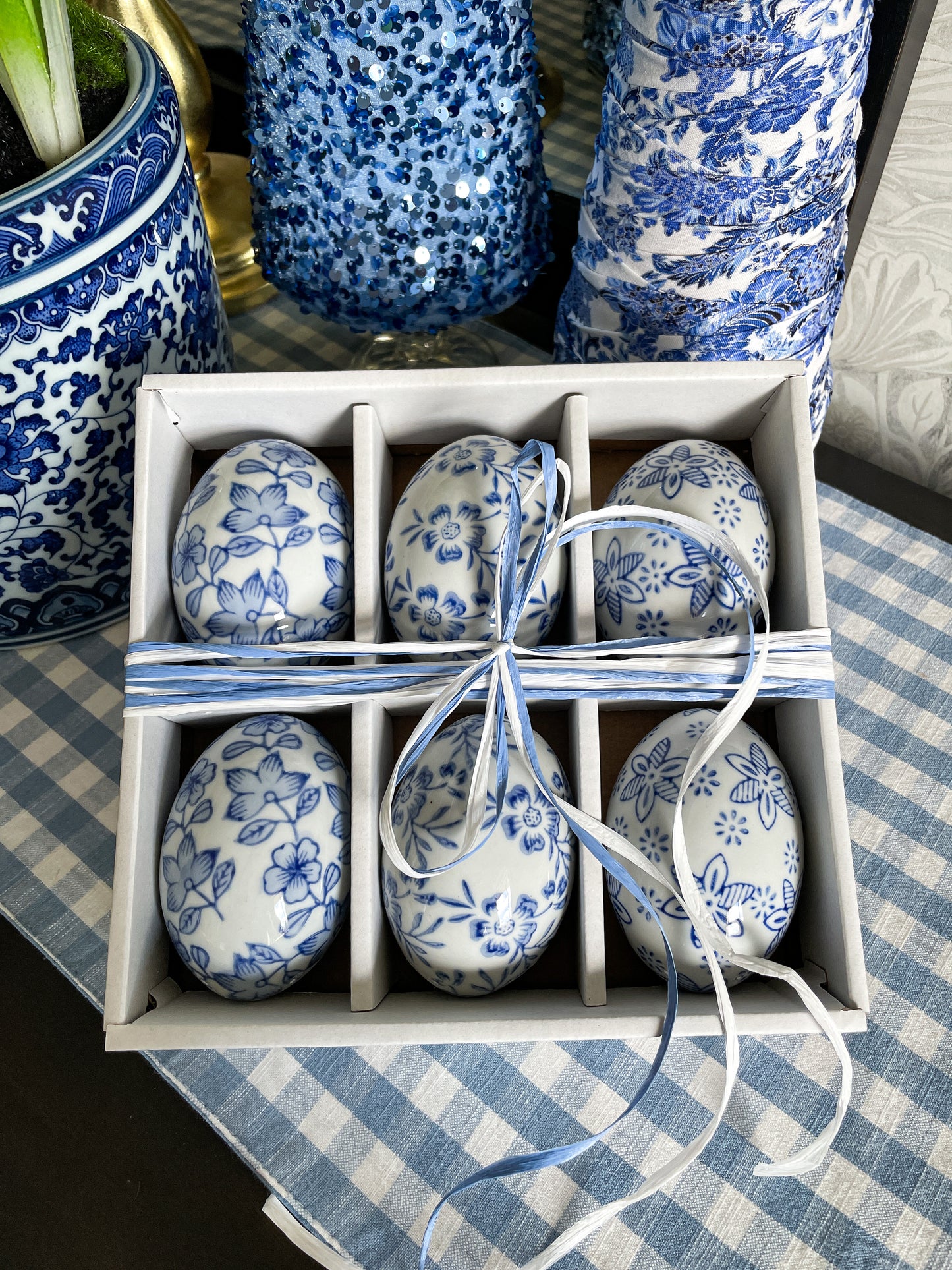 Blue Floral Eggs, Set of 6