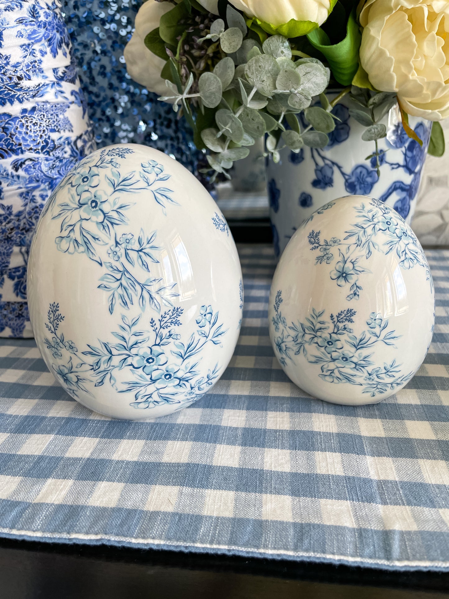 Blue Floral Eggs, Set of Two