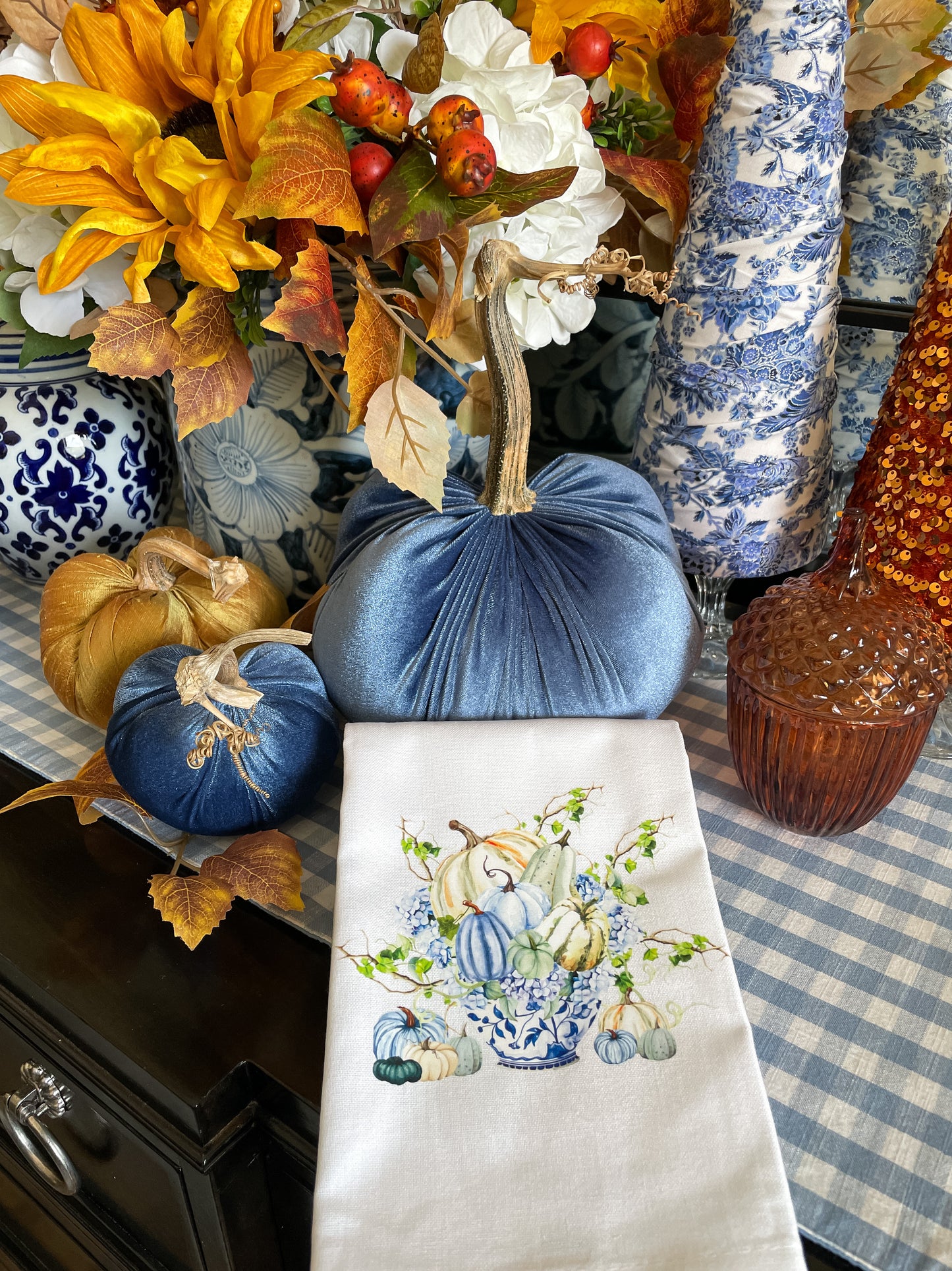 Pumpkins and Hydrangea in Chinoiserie Pot Kitchen Towel