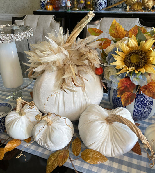 Velvet Pumpkins with Rooster Schlappen Feathers