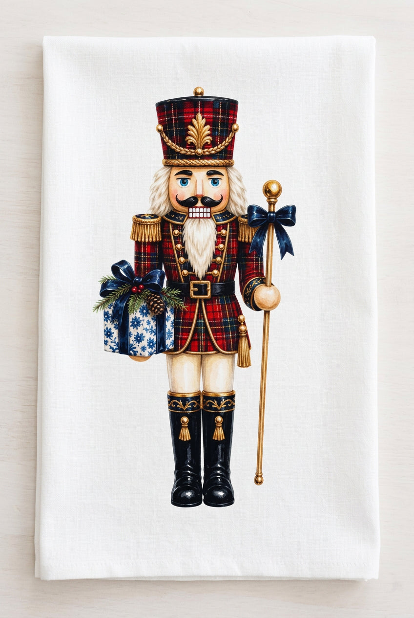 Tartan Nutcracker Christmas Kitchen Towel | Plain, Ric Rac & Pom Pom Trim