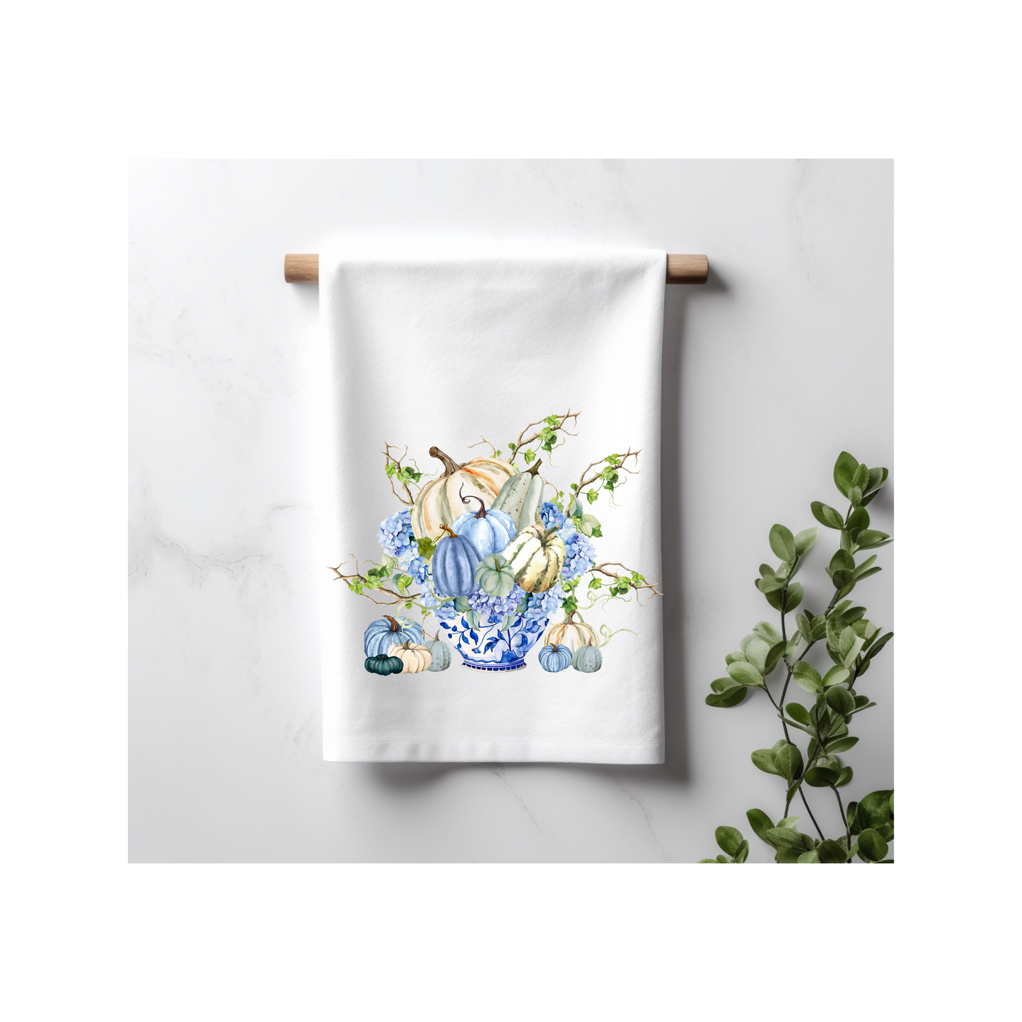 Pumpkins and Hydrangea in Chinoiserie Pot Kitchen Towel