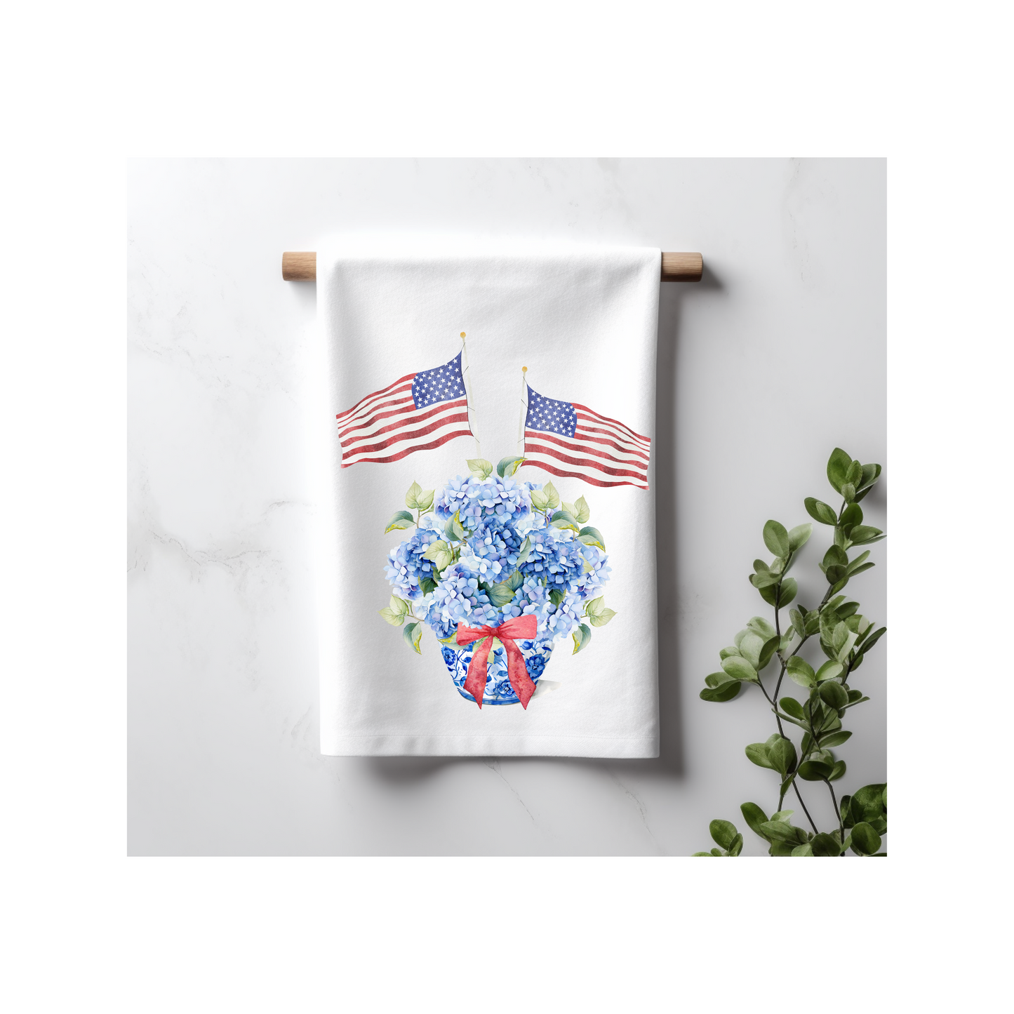 Patriotic Chinoiserie Jar with Hydrangea and Flags Kitchen Towel