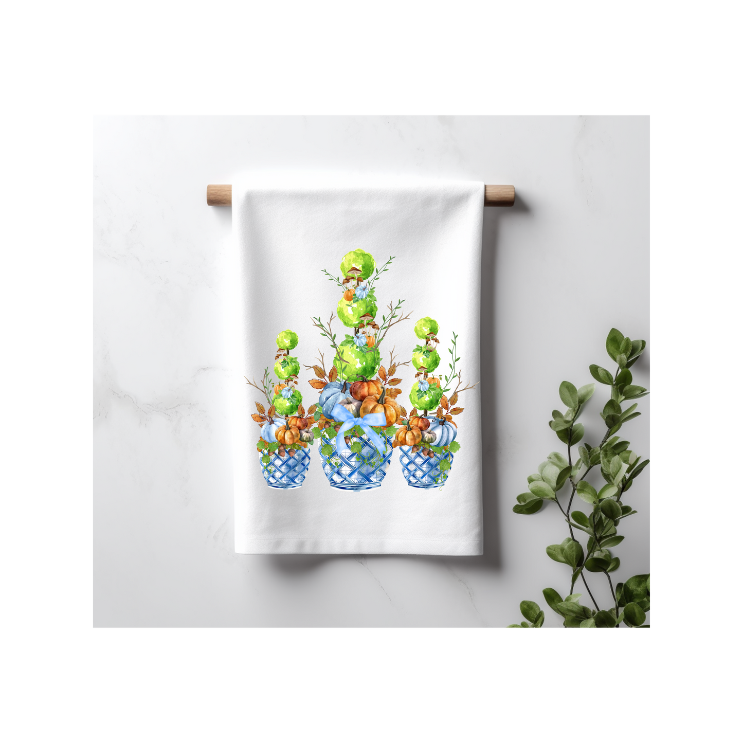 Chinoiserie Topiary with Pumpkins Kitchen Towel