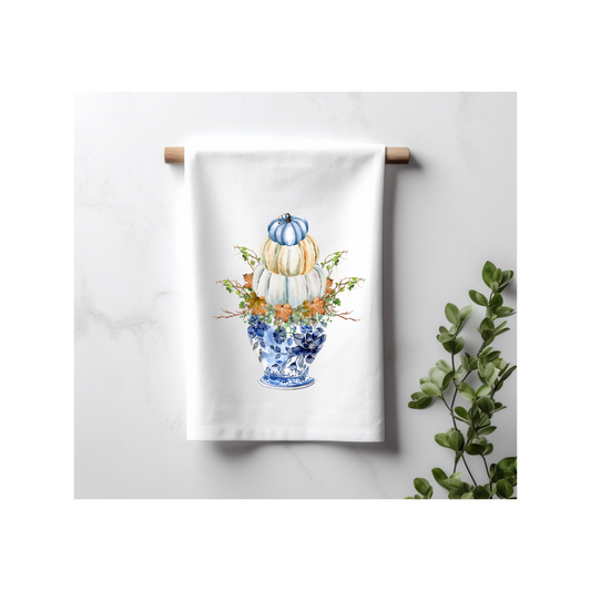 Stacked Pumpkin Topiary on Chinoiserie Jar Kitchen Towel