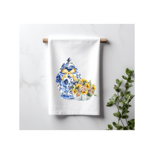 Chinoiserie Jar with Pumpkin and Sunflowers Kitchen Towel