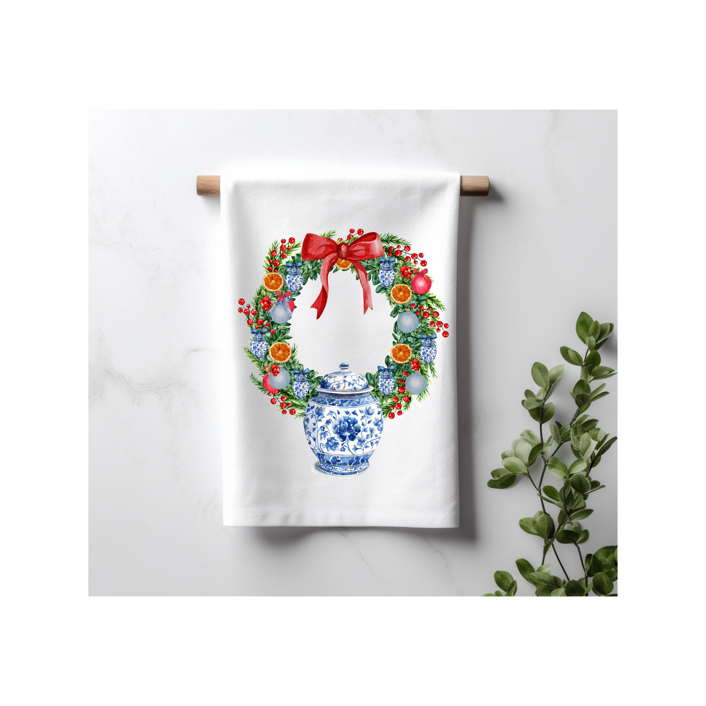 Chinoiserie Christmas Wreath Kitchen Towel