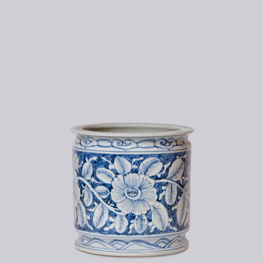 Blue and White Porcelain Floral Cachepot with Indented Rim