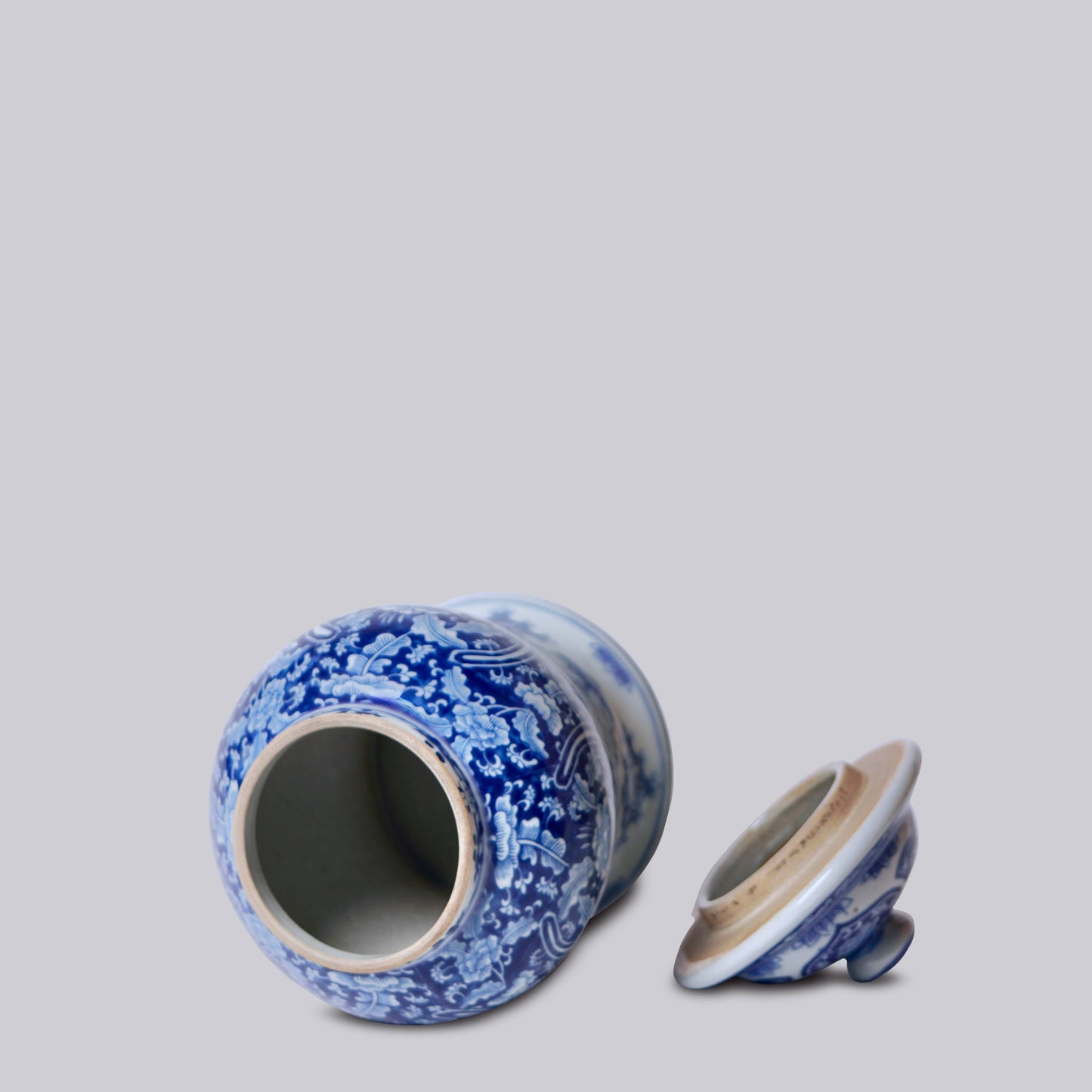 Blue and White Porcelain Floral Cartouche Temple Jar, 10"