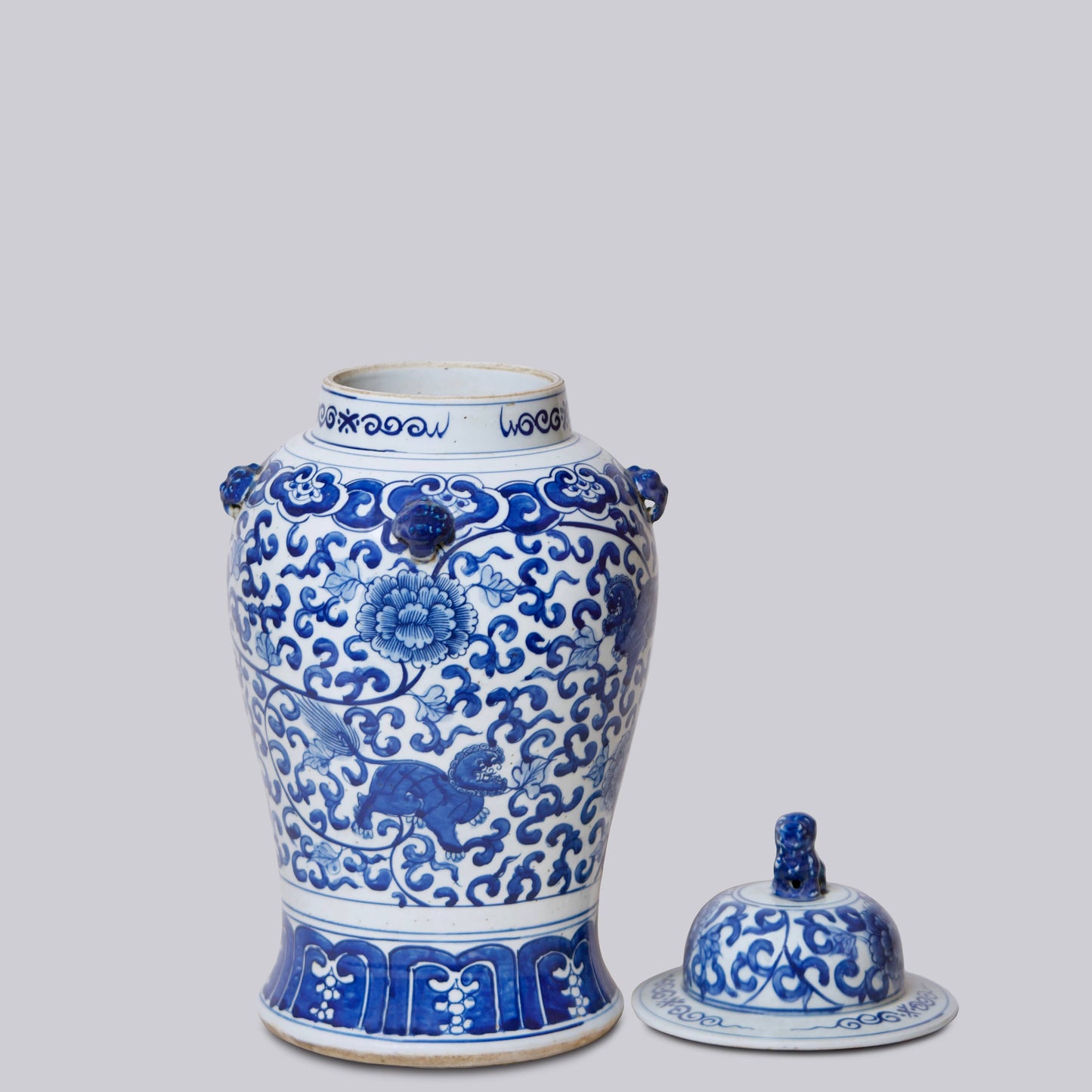 Lions Blue & White Porcelain Temple Jar