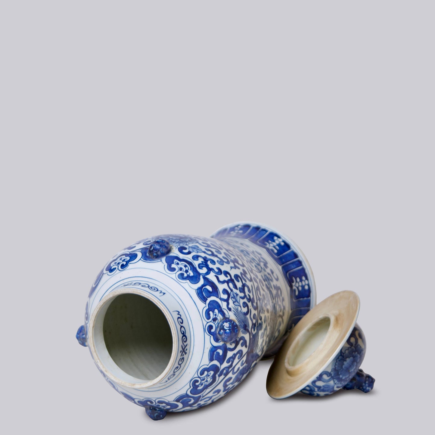 Lions Blue & White Porcelain Temple Jar