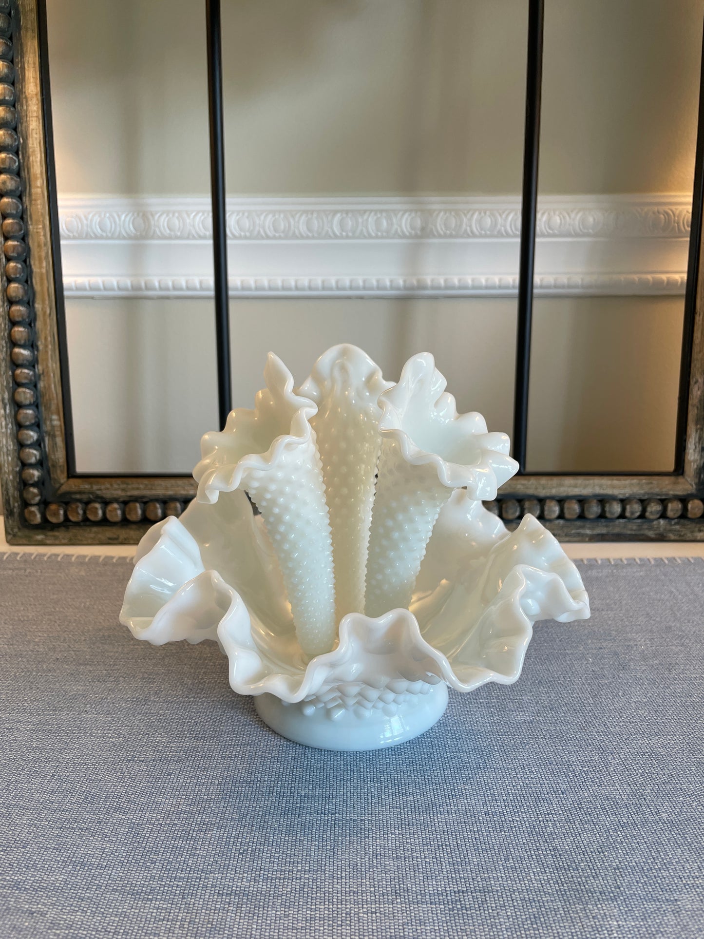 Vintage Fenton Milk Glass Three Horn Epergne Flower Vase