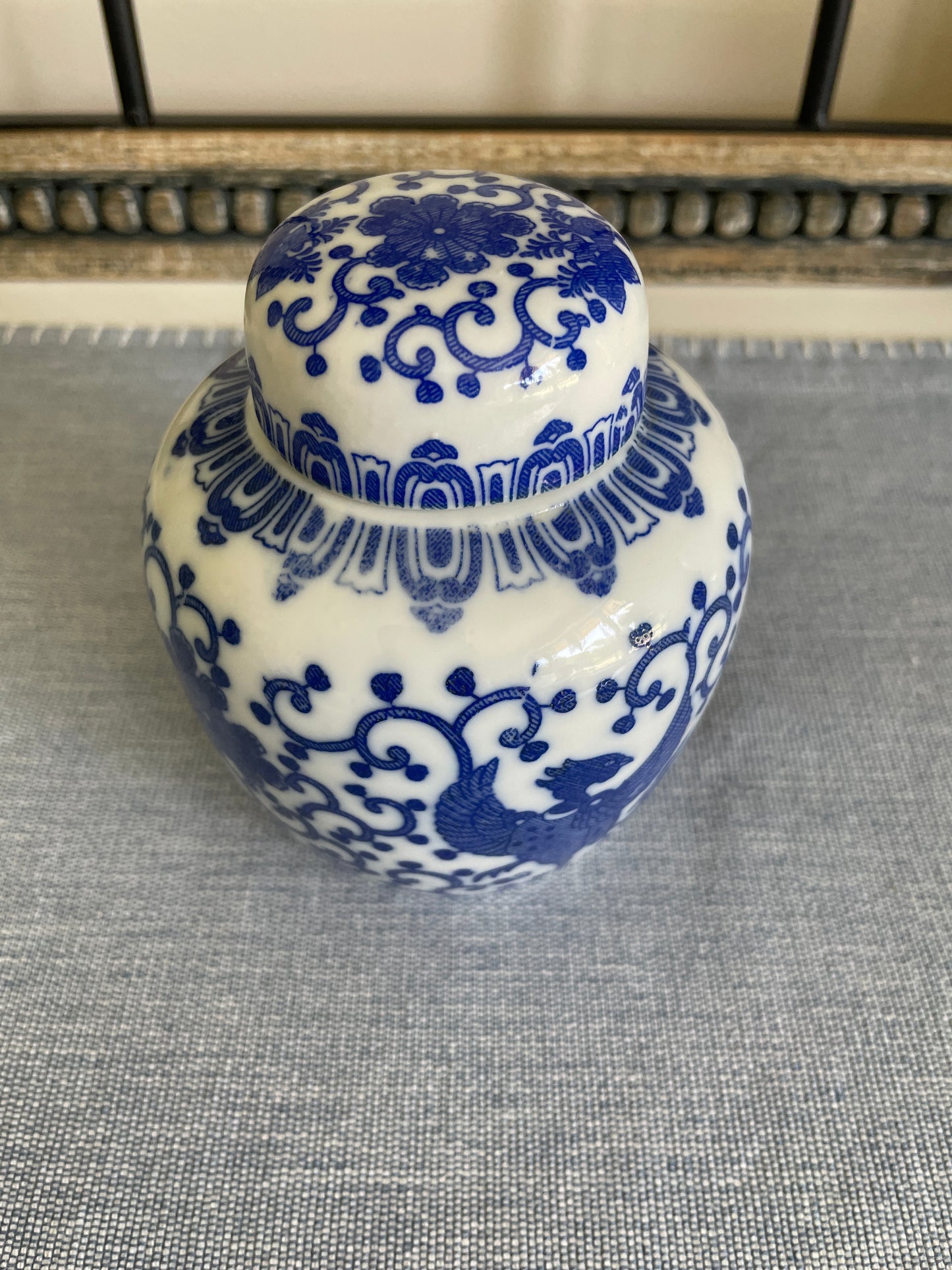 Vintage Blue and White Phoenix Jar