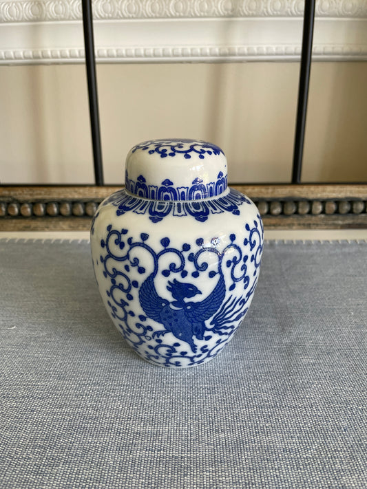 Vintage Blue and White Phoenix Jar