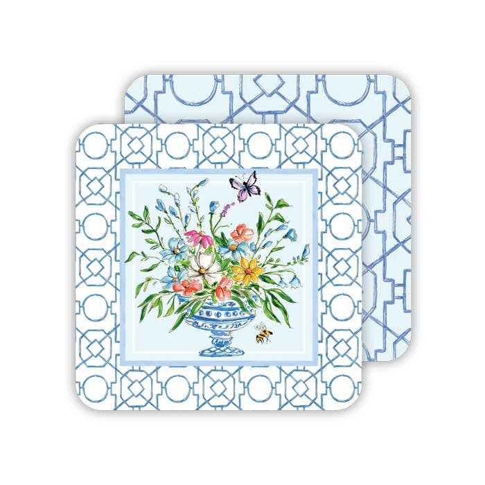Handpainted Floral Arrangement Blue Paper Coaster
