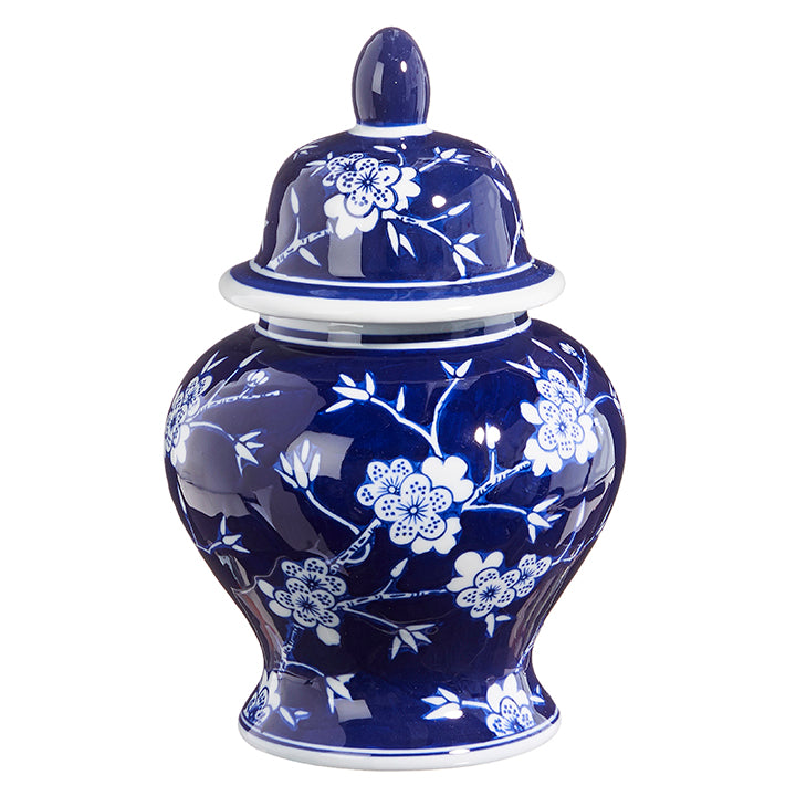 Dark Blue and White Floral Ginger Jar, 10"