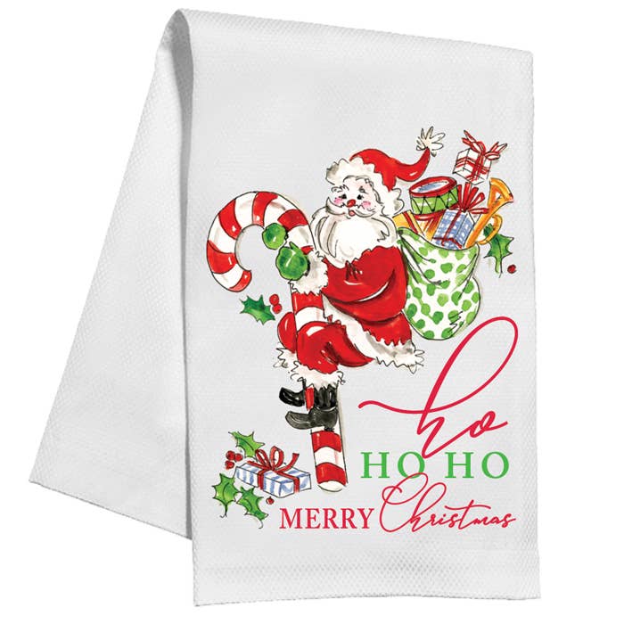 Handpainted Candy Cane Santa Kitchen Towel
