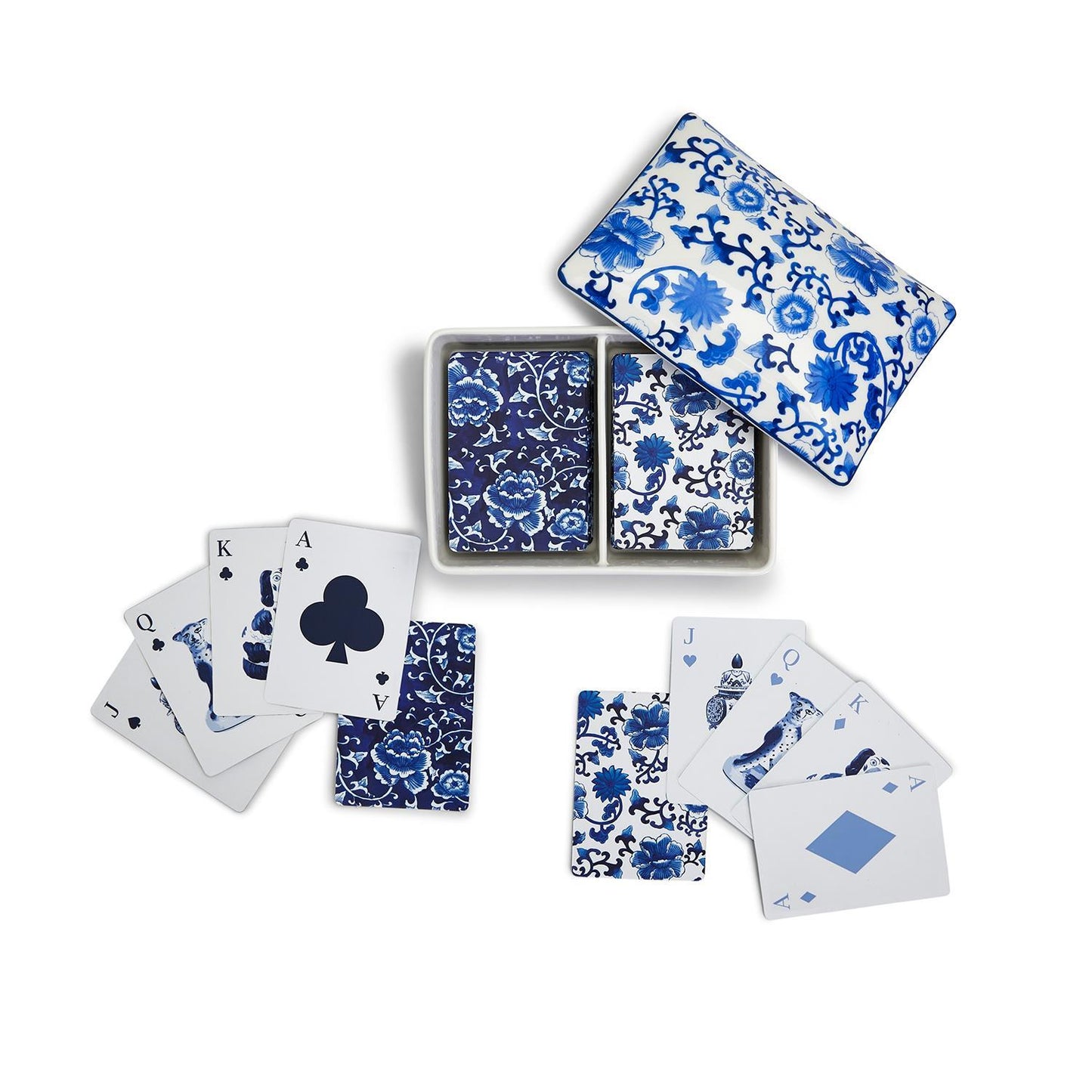 Chinoiserie Double Deck Playing Cards in Blue and White Ceramic Storage Box