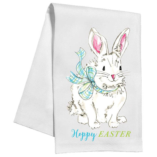 Hoppy Easter Bunny in Blue Plaid Bow Kitchen Towel