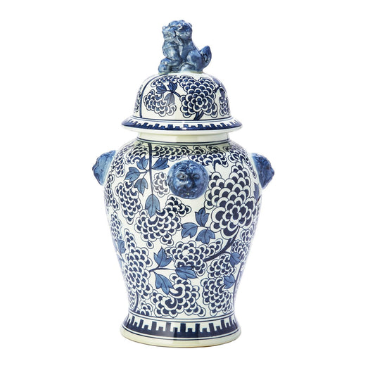 Blue and White Peony Flower Temple Jar with Lion Accents