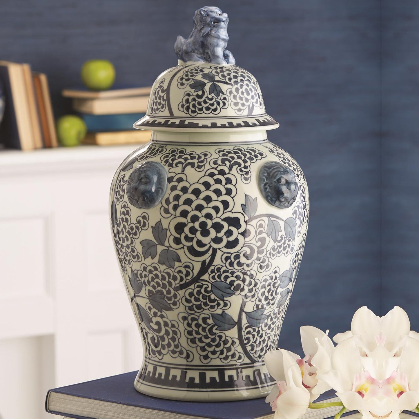 Blue and White Peony Flower Temple Jar with Lion Accents