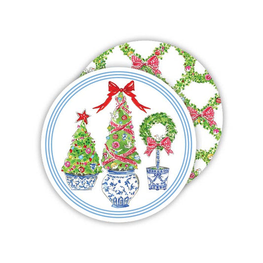 Merry and Bright Holiday Topiary Trio Round Coaster
