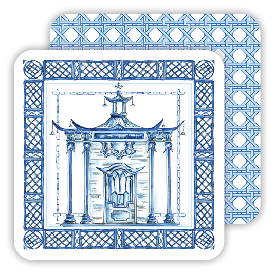 Handpainted Ornate Pagoda Blue Paper Coaster
