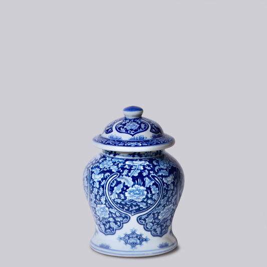 Blue and White Porcelain Floral Cartouche Temple Jar, 10"